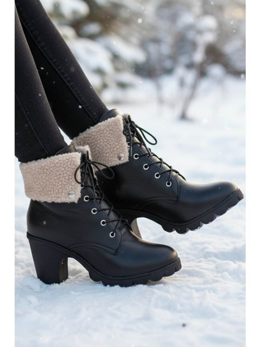 Sherpa Cuff Lace-Up Block High Heel Round Toe Faux Leather Chunky Lug Ankle Boot
